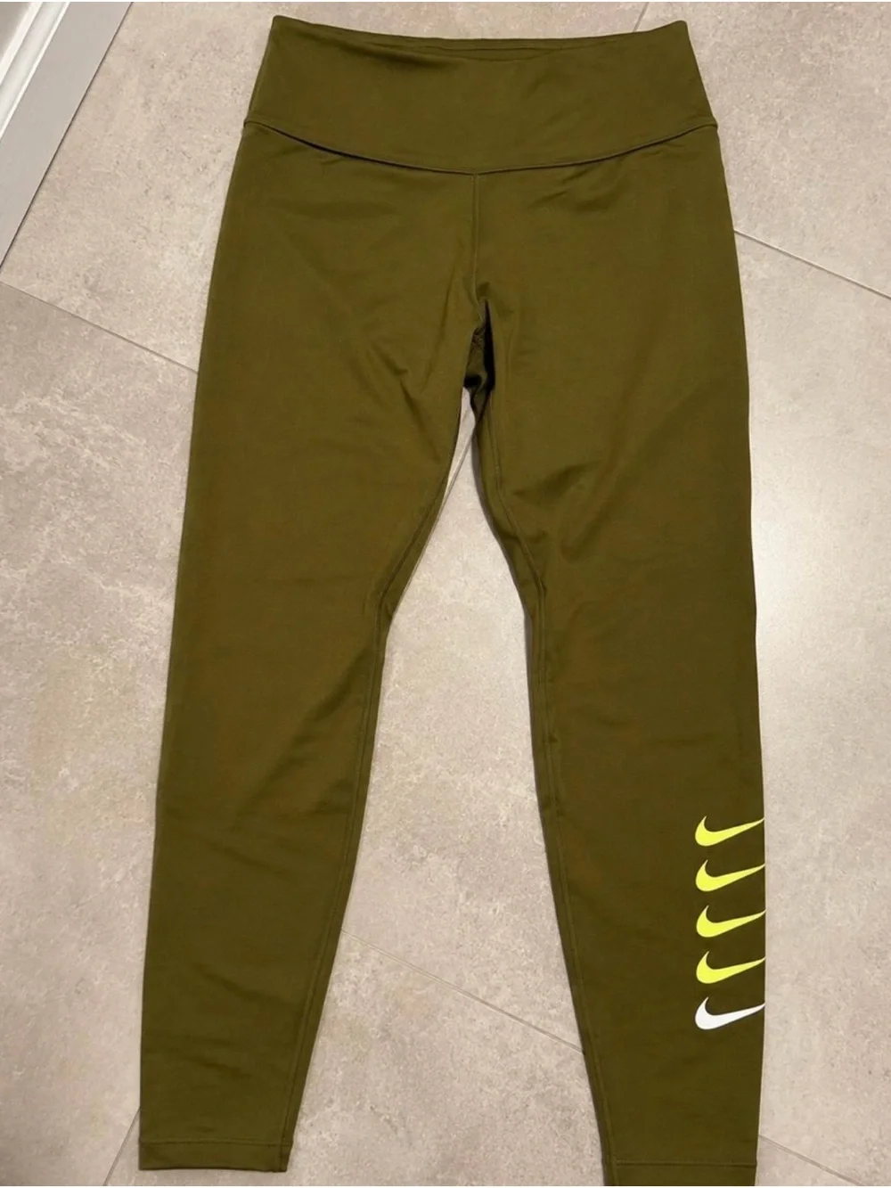 Nike Olive Green Kids Leggings with Neon Yellow Swoosh Stack